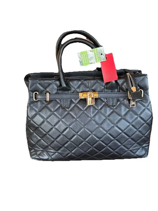 NWT Designer Badgley Mischka Tote Bag w/ Gold Lock Big Quilted Black - Picture 1 of 9